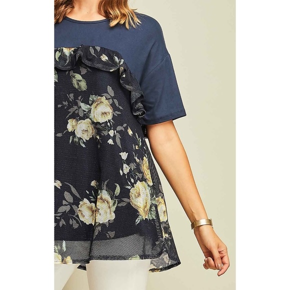 Navy Floral Mesh Ruffle Top - Picture 7 of 8